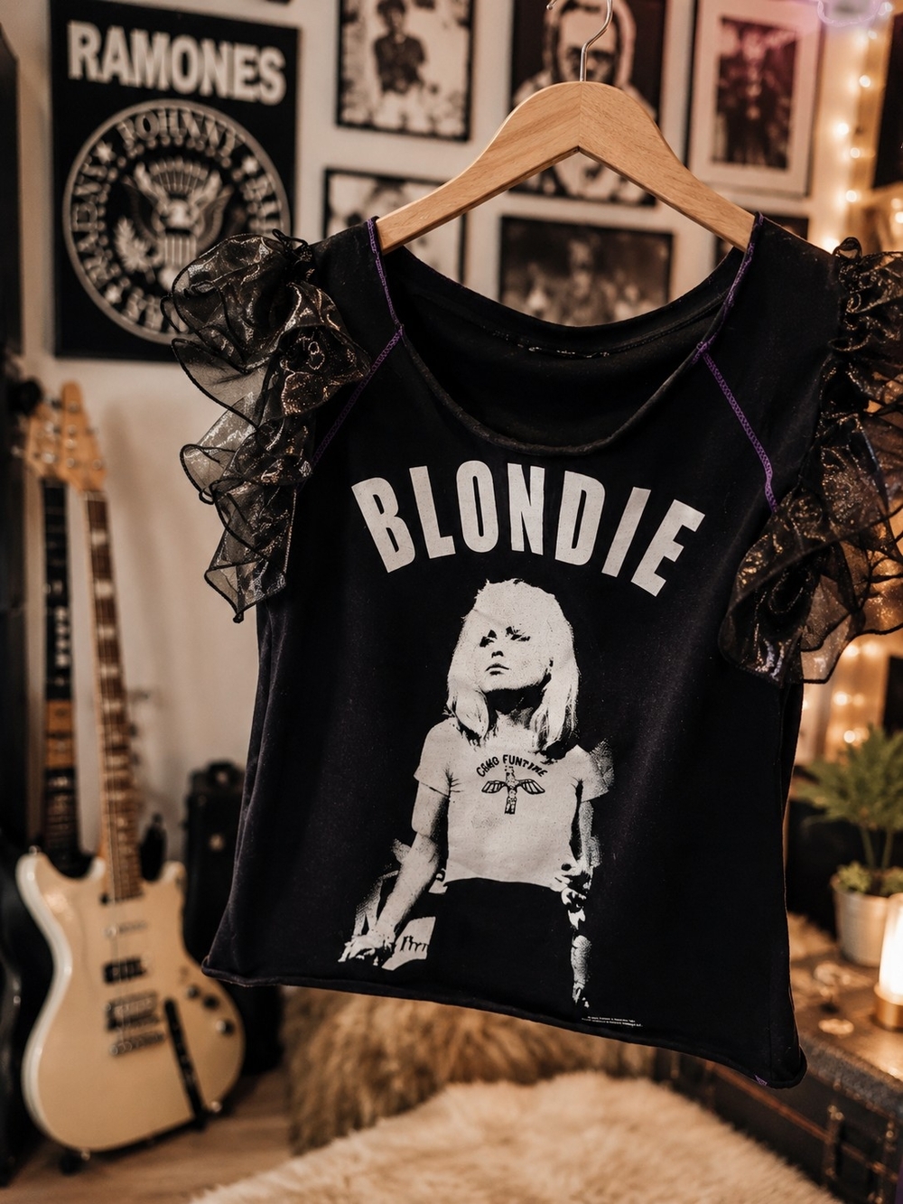 Black Graphic Short Sleeve Tee with Ruffle Sleeves